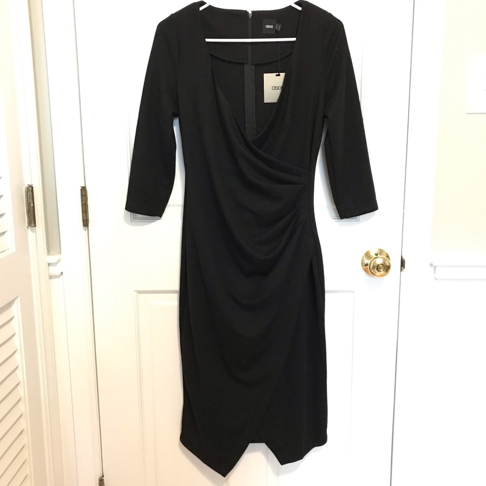 ASOS black faux-wrap knee-length dress NWT